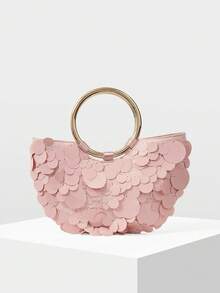 MOTF Bolso de mano de mujer con lentejuelas rosas, asa redonda, bolso semi-redondo exquisito, brillante y sencillo, adecuado para citas y fiestas, vacaciones de verano, viajes, , playa, bohemio, a juego - Rosa Pálido - Ver 3