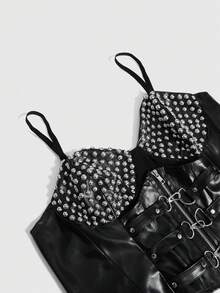 ROMWE Grunge Punk Sexy Dark Punk Studded Patchwork Women's PU Plus Size Camisole Top - Black - View 3