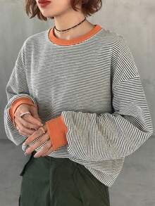 FRIFUL 女士条纹圆领落肩长袖休闲宽松T恤 - 橘色 - 查看 4