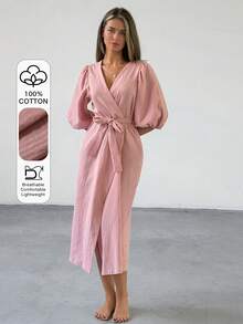 Livesso 女款純色燈籠袖收腰繫帶家居睡袍睡衣 - 藕粉色 - 查看 5