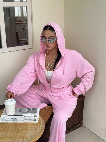 Muchica Plus Size Women Solid Color Drawstring Hooded Zip-Up Long Sleeve Top And Pants Casual Daily Set