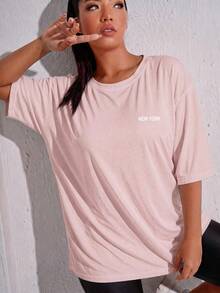 SHEIN Rhythm Era 休閒百搭大尺碼黑色前胸字母印花運動上衣 - 粉色 - 查看 3