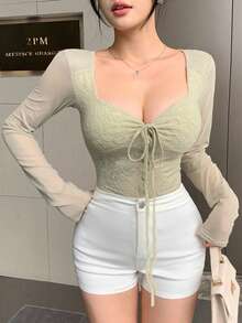 Joudiya 女款紋理蕾絲前綁帶修身性感優雅禪風上衣 T-shirt，適合秋冬/夏季婚禮宴會派對外出穿搭 - 綠色 - 查看 6