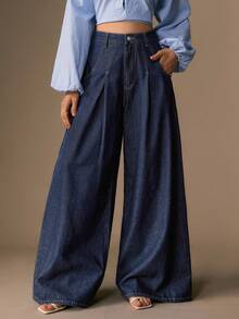 CielaLinda Women's High Waist Pleated Wide Leg Loose Casual Versatile Denim Jeans Everyday Navy Blue Summer - Blue - View 1