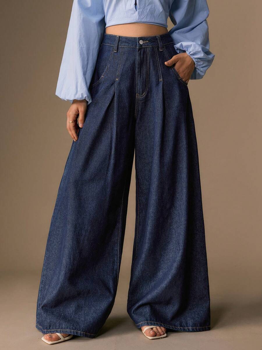 CielaLinda Women's High Waist Pleated Wide Leg Loose Casual Versatile Denim Jeans Everyday Navy Blue Summer - Blue - View 1
