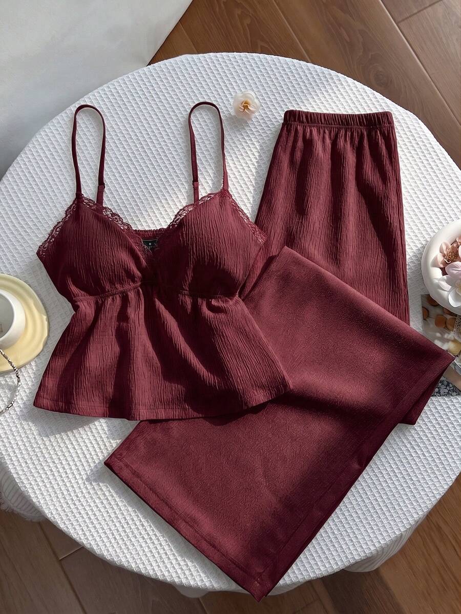 Sweetra Y2K Textured Fabric Patchwork Lace Trim Commuter Versatile Vacation Wide Leg Pants Set - Burgundy - View 1