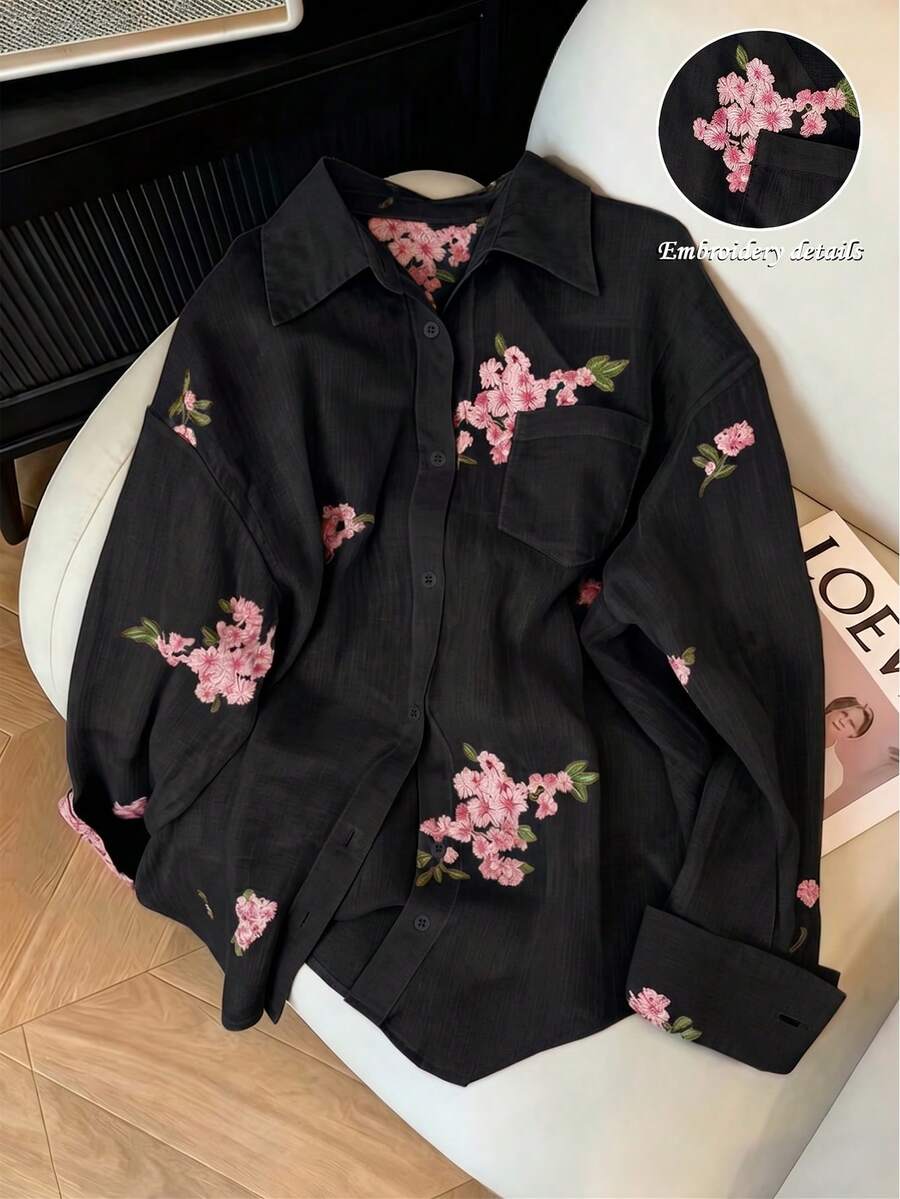 INAWLY 女款時尚休閒極簡浪漫度假風刺繡花卉長袖鈕扣襯衫 - 黑色 - 查看 1