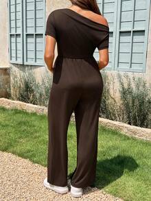 SHEIN Maternity Solid Color Asymmetrical Neck Short Sleeve Casual Normal Jumpsuit Baby Shower Summer Photoshoot - Brown - View 7