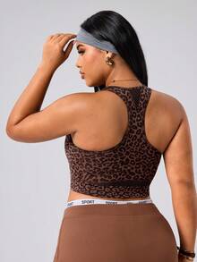 SHEIN Rhythm Era Women's Seamless Plus Size Sexy Athletic Leopard Print Mesh Racerback Medium Support Running Fitness Workout Yoga Sports Bra Gym Brown Summer - Coffee Brown - View 2