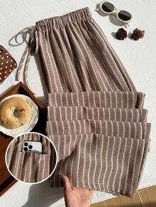 Comfortcana Plus Size Women's Waist Tie Striped Wide Leg Loose Casual Pants - Khaki - View 1