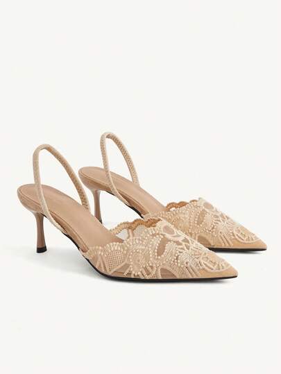 CUCCOO CHICEST New French Mesh Lace Pointed Strap Sandals, Apricot Stiletto Women's High Heels, Shoes, Fashionable And Elegant Date Party