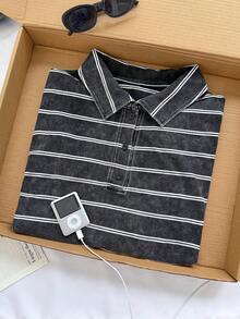 Comfortcana 大尺碼女款條紋水洗 Polo 領 T 恤，適合休閒穿著 - 黑色 - 查看 5