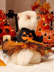 1pc Cat & Dog Universal Cartoon Expression Print Orange Fluffy Tulle Dress, Lovely Halloween Pet Dress, For Halloween Party, PETSIN Original Design - Multicolor - View 4