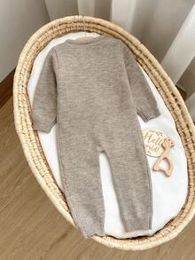 SHEIN Newborn Baby Girl Autumn/Winter Cute Cartoon Pattern Long Sleeve Sweater Romper - Khaki - View 3
