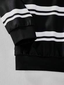 SHEIN Casuvi Kids 小男孩厚款條紋亨利領衛衣長褲套裝，舒適半鈕扣套頭慢跑褲休閒運動兩件套，秋季保暖休閒裝 - 黑與白 - 查看 4