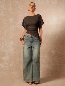 Lumalex Women's Knitted Textured Asymmetrical Waist T-Shirt - Brown - View 3