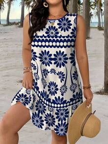 SHEIN CURVE+ Plus Size Women Summer Casual Sleeveless Printed Dress Beach Vacation White - Blue - View 5