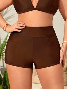 SHEIN Swim 大尺碼極簡純色口袋短褲泳裝下身 - 咖啡棕 - 查看 3