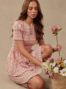 WESTFADE Embroidered Plaid Smocked Short Sleeve Tiered Ruffle Mini Dress, Church Dress, Western, Country, Cowgirl, Rodeo, Fall, Summer, School - Multicolor - View 1