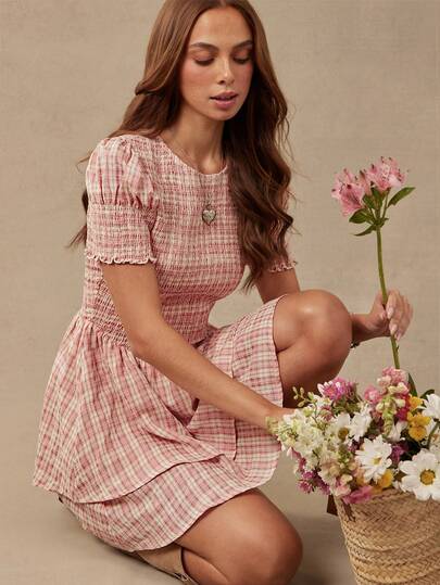 WESTFADE Embroidered Plaid Smocked Short Sleeve Tiered Ruffle Mini Dress, Summer, Holiday, Back To School, Casual, Vacation, Country Style For Women