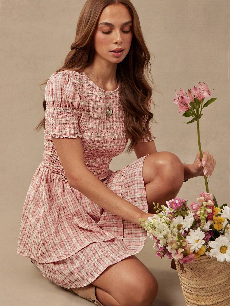 WESTFADE Embroidered Plaid Smocked Short Sleeve Tiered Ruffle Mini Dress, Church Dress, Western, Country, Cowgirl, Rodeo, Fall, Summer, School - Multicolor - View 1