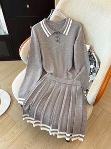 GlowEve Women's Contrast Trim Sweater Pleated Skirt 2 Pieces Set School Grey Autumn Casual Preppy - Light Grey - View 3
