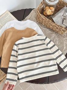 SHEIN LMoss Kids Kids Young Boy 3pcs Knit Solid Color Striped Crew Neck Casual T-Shirt Set - Multicolor - View 2