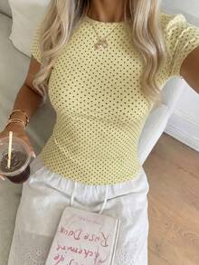 CovetEZ Casual Minimalist Style Light Cream Yellow Background Brown Polka Dot All-Over Print Women's Casual T-Shirt Suitable For Spring/Summer Versatile Style - Multicolor - View 6
