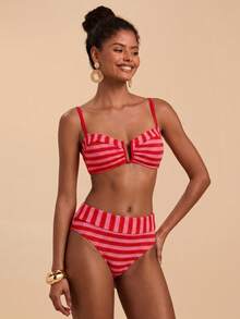 Travachic Women's Summer Beach Striped Colorblock Spaghetti Strap Bikini & Triangle Bottom Two-Piece Swimsuit Set - Multicolor - View 6