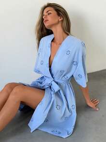 Livesso Summer Vacation Hollow Embroidery Floral Pattern Loose Fit Women's Nightgown - Blue - View 9
