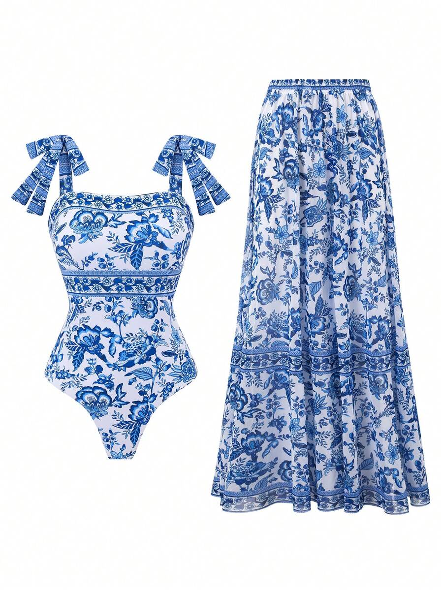 Swim Oasis 2 Peças/Conjunto Maiô Sexy Bandeau com Alça Dupla e Saia Longa de Tule para Mulheres, Roupa de Banho para Férias na Praia na Primavera/Verão, para Encontros e Litoral - Azul - Visão 1