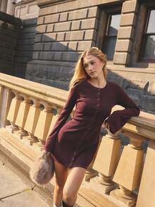 Aralina Women Ribbed Knit Dress Button Front Crew Neck Long Sleeve Slim Fit Casual Festival Vacation Fall Winter Going Out World Cup 2026 - Burgundy - View 10