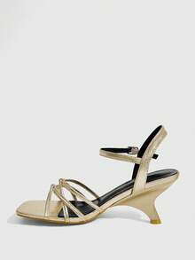 CUCCOO SZL Women's Spring And Summer New Fashion Gold Square Toe Buckle High-Heeled Sandals, Outdoor Vacation Party Commuter High-Heeled Sandals - Gold - View 4