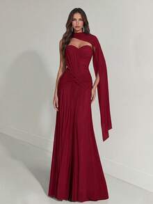 Aloruh Women's Elegant Gray-Green High-Stretch Knit Mesh Ruched Bust Waist Twist Fishtail Hem Dress (Detachable Halter) Formal Gown For Weddings Party Red - Red - View 3