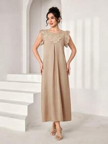 SHEIN Najma 女款圓領花卉蕾絲拼接短袖阿拉伯風洋裝 - 卡其色 - 查看 3