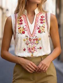 SHEIN Franclia Women's Sleeveless Shirt Small Stand Collar V-Neck Regular Fit Digital Floral Print Vacation Beach Style 2026 Summer Top Casual Boho Off-White - Multicolor - View 5