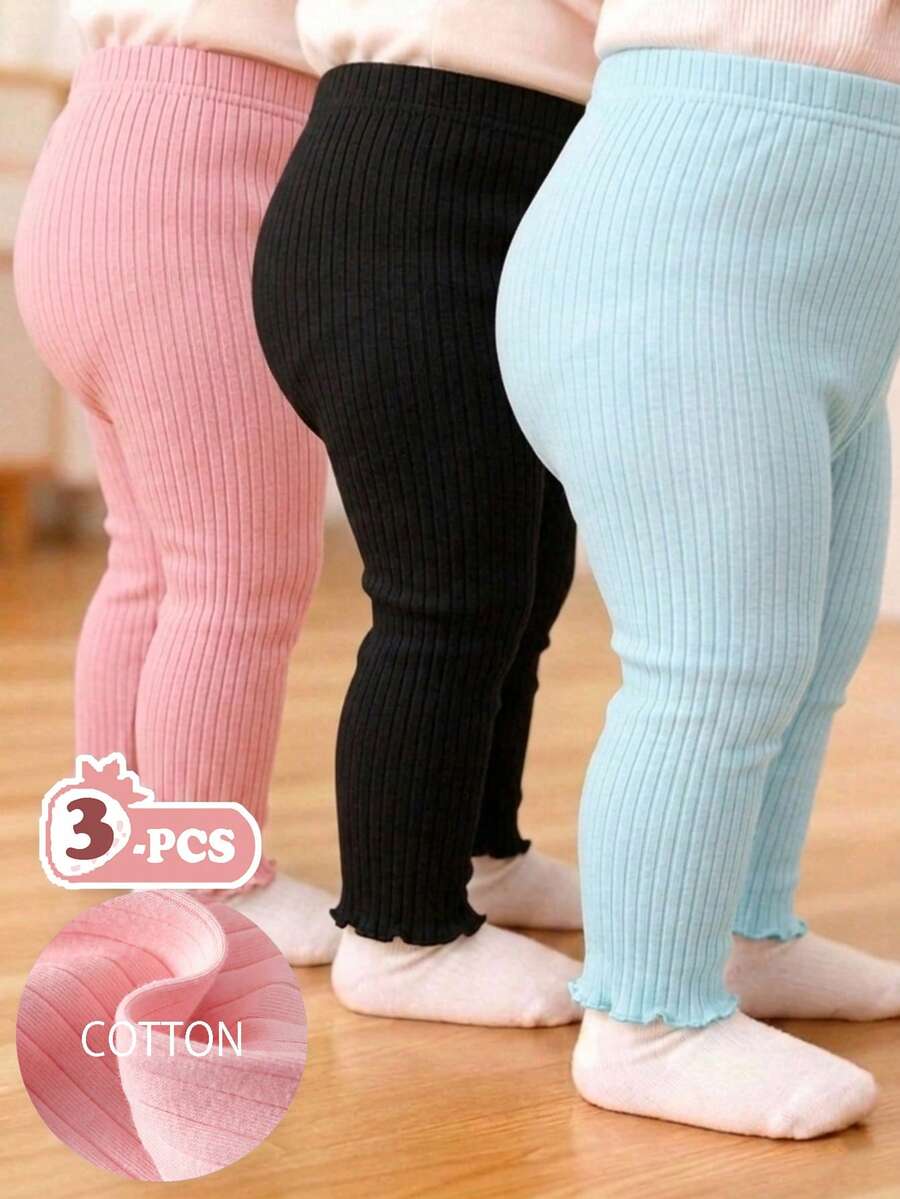 SHEIN Vintaside Kids 3件組女嬰休閒褲 秋季休假夏季褲 簡約甜美直筒款