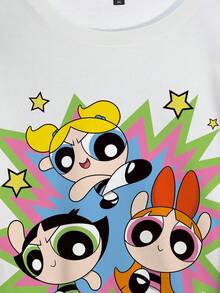 THE POWERPUFF GIRLS X SHEIN 大尺碼女款字母卡通圖案圓領休閒日常長袖運動衫 - 白色 - 查看 3