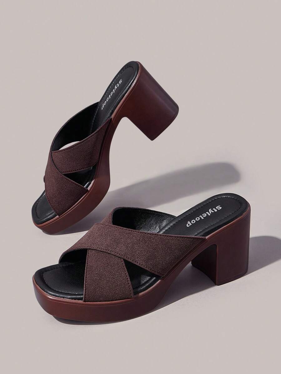 Styleloop Cross-Strap Slip-On Thick-Heeled Sandals, Square Toe Mules Tows, Summer Commuting Versatile Wear Open-Toed High Heels - Coffee Brown - View 1