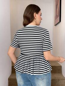 SHEIN LUNE Plus Size Women's Striped Crew Neck Short Sleeve Ruffle Hem Casual T-Shirt - Black and White - View 2