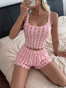 Napfluff 女款愛心印花細肩帶上衣與短褲睡衣套裝 - 彩色 - 查看 3