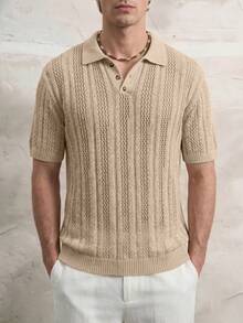 Manfinity Dauomo Italian Retro Style Men's Vertical Striped Hollow Out Polo Shirt, Summer Versatile Short Sleeve Collared Button Casual Knit Top - Khaki - View 2