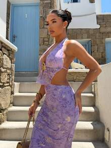 Allurite Summer Purple Floral Mesh Printed Embroidered Halter Neck Exposed Waist Long Dress With Metal Buckle Design Sexy Hot Girl Style Fishtail Skirt Beach - Purple - View 8