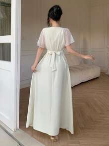 Celisse V-Neck Embroidered Lace Rhinestone Studded Elegant Romantic Long Dress For Women Wedding Dinner Cocktail Off White Summer - Apricot - View 2