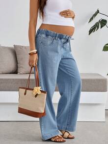 SHEIN Maternity Casual Low Waist Straight Leg Jeans Summer Fall Festival Going Out Graduation Casual Back To School Basic Blue Business - Blue - View 3
