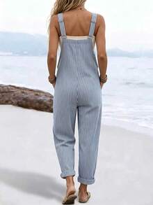 SHEIN LUNE Women's Button Striped Pocket Casual Loose Overalls - Blue - View 2