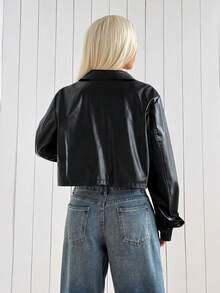 SHEIN EZwear 女款秋季時尚雙排扣短版夾克外套 - 黑色 - 查看 2