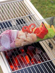 Cirelle 1PC Rolling BBQ Grilling Basket With Long Wooden Handle, Stainless Steel Mesh Cylinder Barbecue Basket, Rotating BBQ Drum Rack For Outdoor Grilling, Camping Picnic Accessories - round - View 5