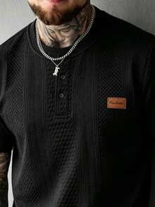 EGENSIO Men's Summer Casual Black Textured Crew Neck T-Shirt - Black - View 4