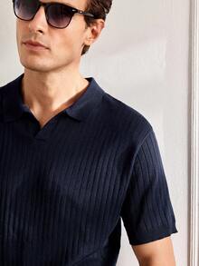 Officeau Men's Ribbed Airplane Collar Polo Knit Shirt, Short Sleeve, Summer Fashion - Navy Blue - View 8